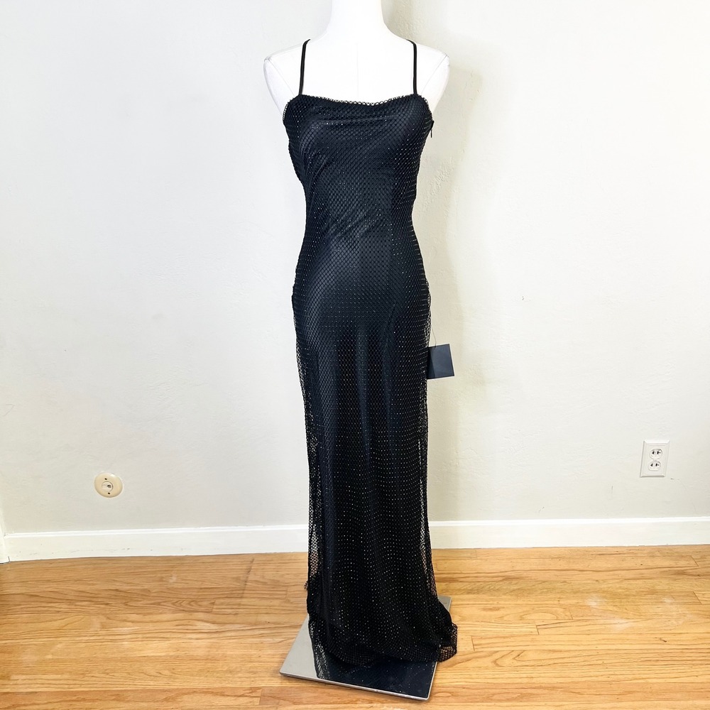 Lulus Maxi Dress Rhinestone Fishnet XS Black New Formal Evening Gown Maxxine